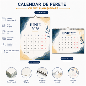 Calendar de perete personalizat A3, portret sau landscape, cu arc și agățătoare, 12 pagini, 150g/mp