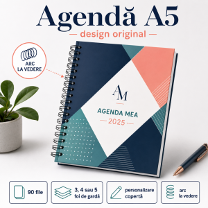 Agenda A5 personalizată, 90 de file dictando, arc metalic vizibil, copertă personalizată și foi de gardă personalizabile