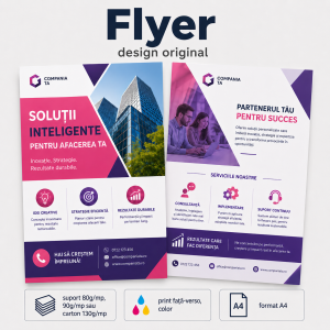 Flyer personalizat, print color față-verso, format A4, hârtie 80g/mp, 90g/mp sau carton 130g/mp