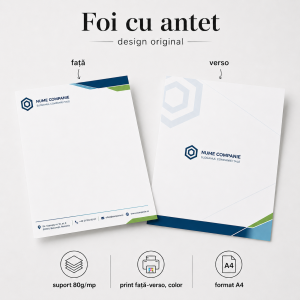 Foi cu antet personalizate, print color față-verso, hârtie 80g/mp, format A4, velină
