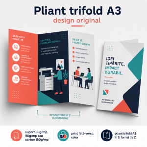 Pliant trifold A3 personalizat, pliat în 3 în formă de Z, print color față-verso
